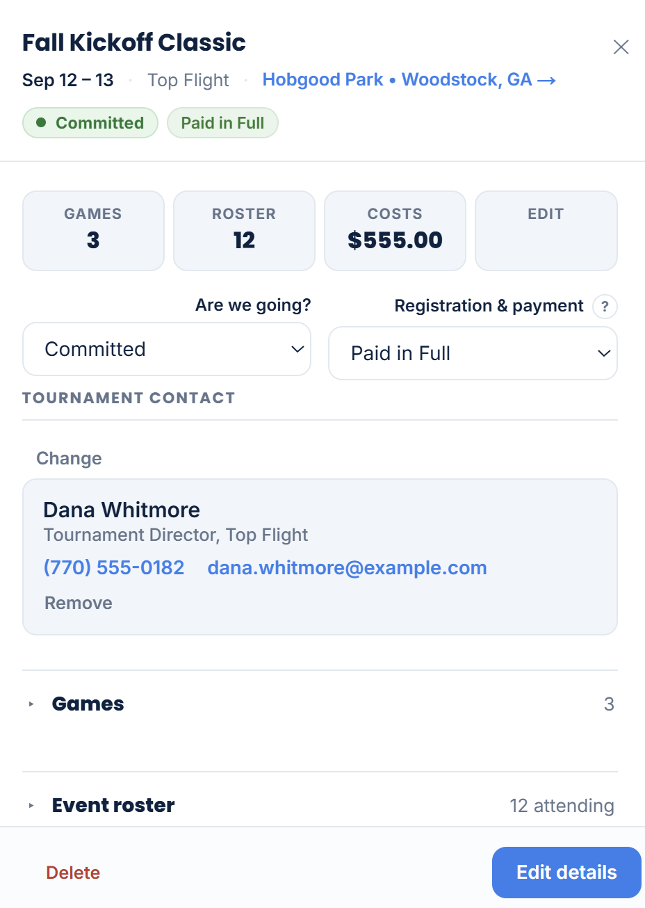 A Season Tempo tournament — registration, contact, games, roster and costs